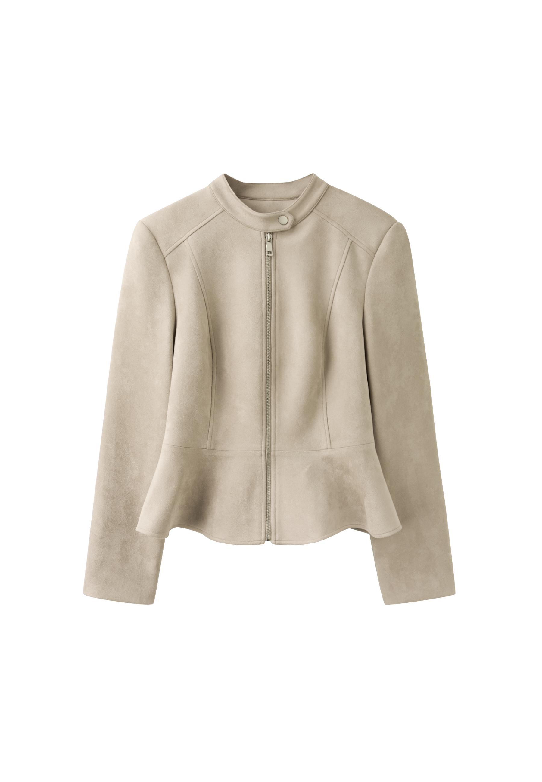 Fitted faux suede peplum jacket — Ecru