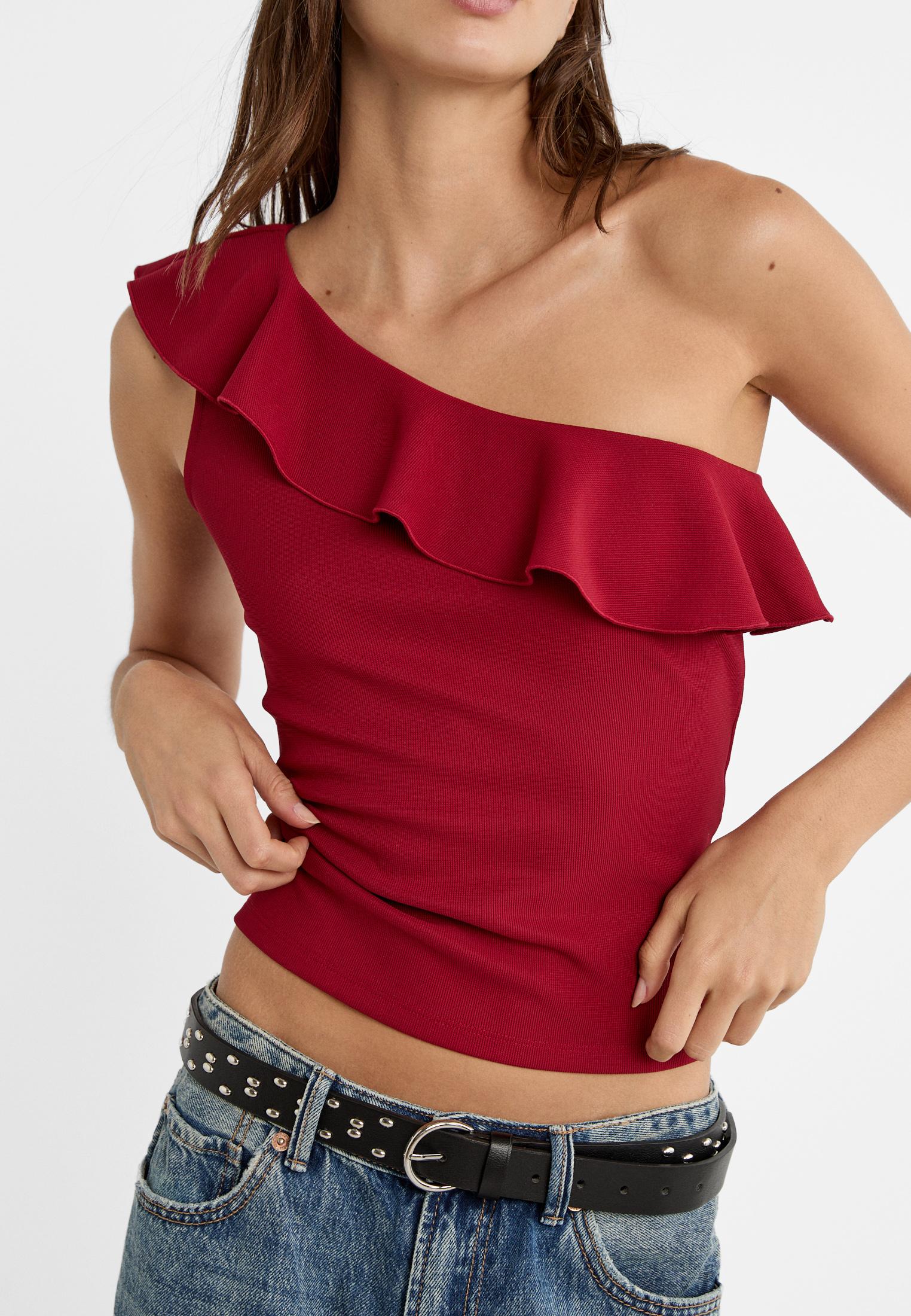 Asymmetric T-shirt with ruffle — Dark red