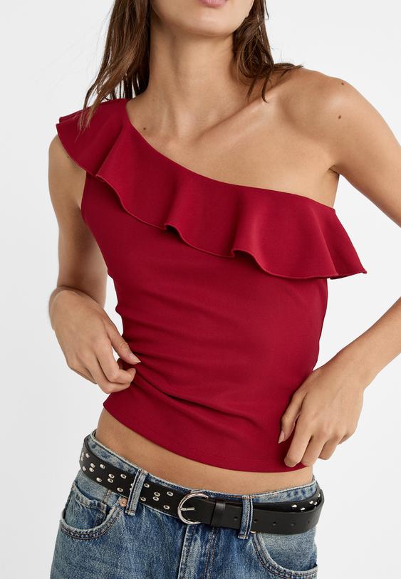 Stradivarius Ασύμμετρη Μπλούζα Με Βολάν Σκούρο Κόκκινο L