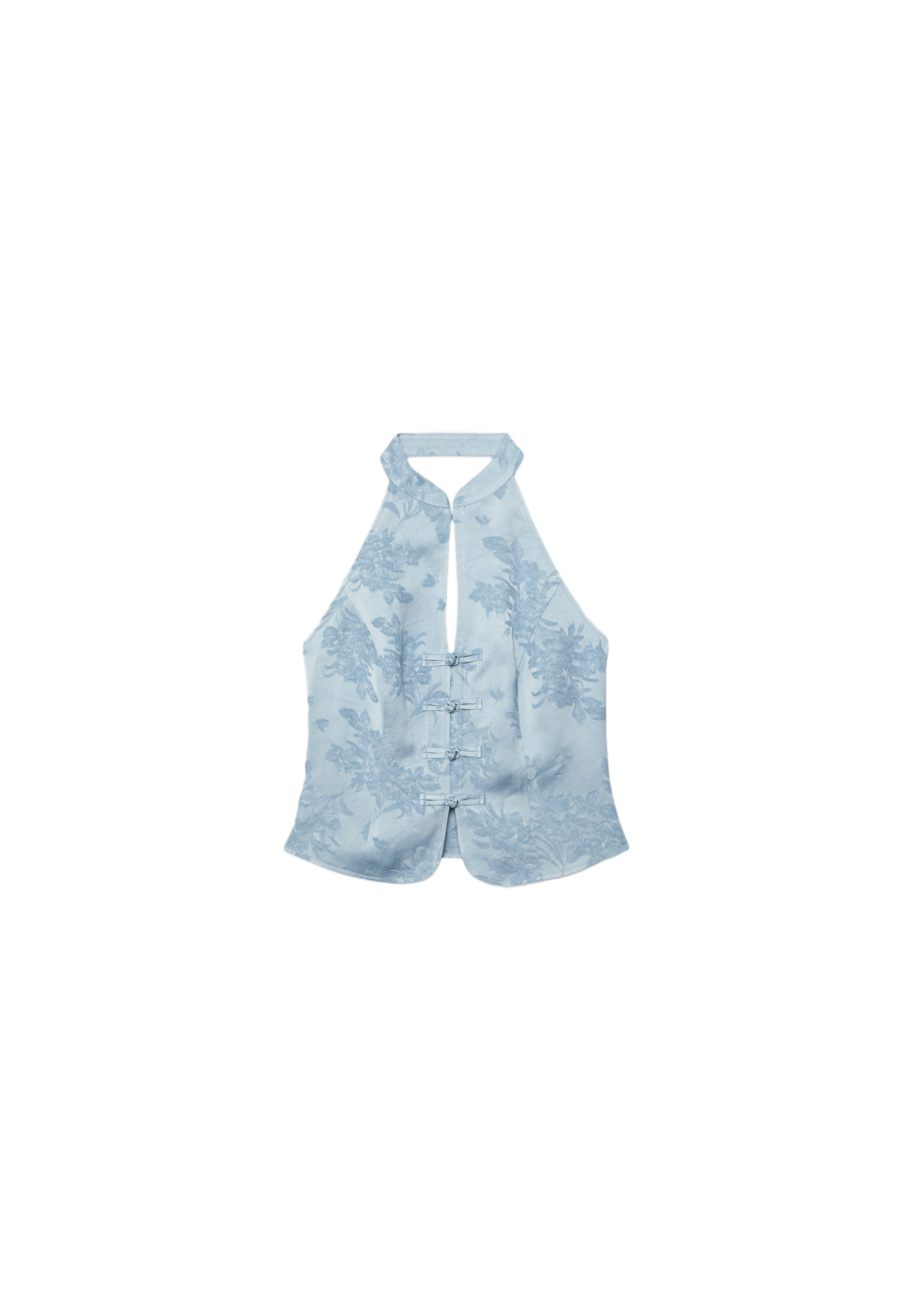 Embroidered sateen qipao top — Sky blue