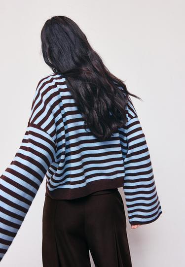 Cropped wide sleeve knit jumper — Brown 3