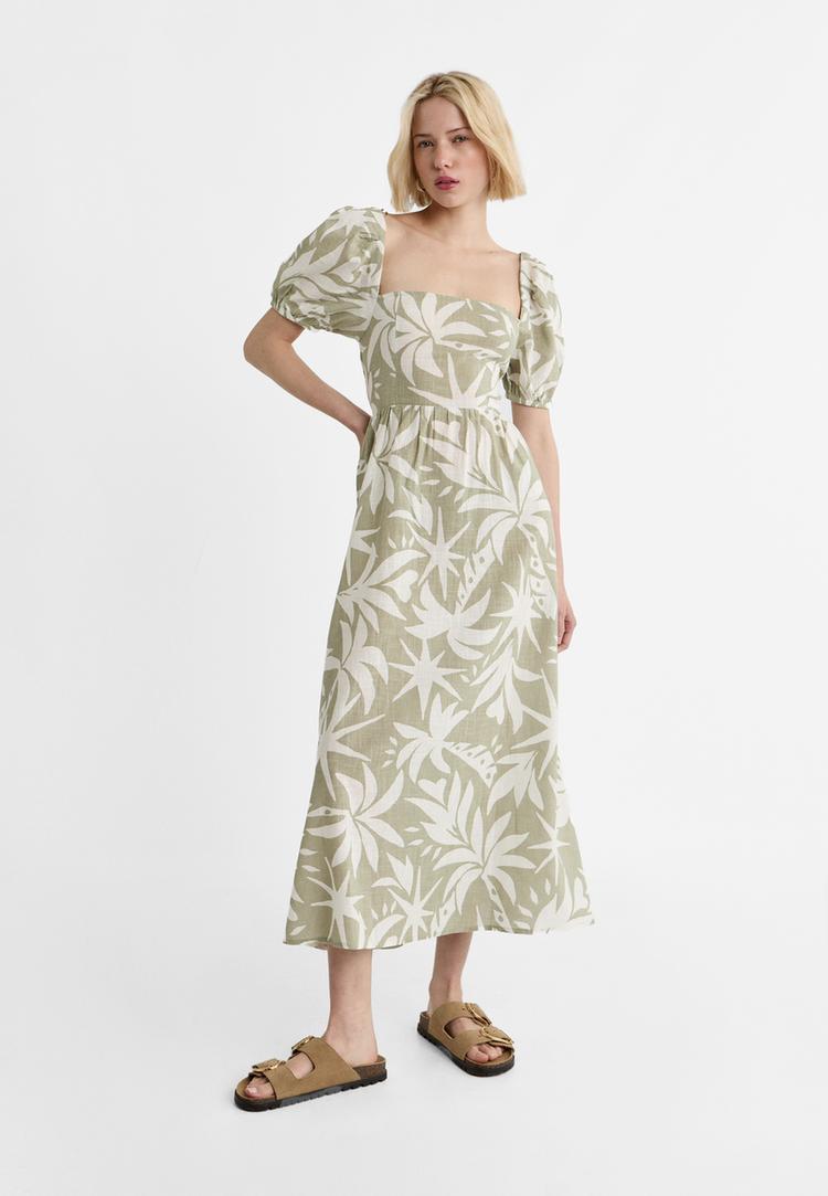 Stradivarius Rochie Midi Cu Spate Petrecut Kaki M