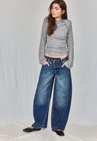 Funnel neck button sweater — Grey melange 2