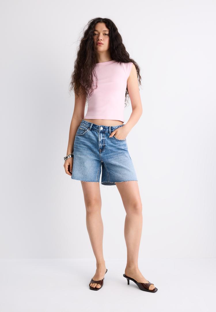 Stradivarius Μπλούζα Basic Με Λαιμόκοψη Χαμόγελο Σομόν Xl