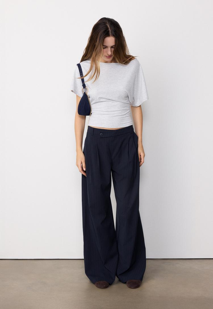 Stradivarius Casual Παντελόνι Με Ρίγες Και Χιαστί Μέση Navy Blue 42