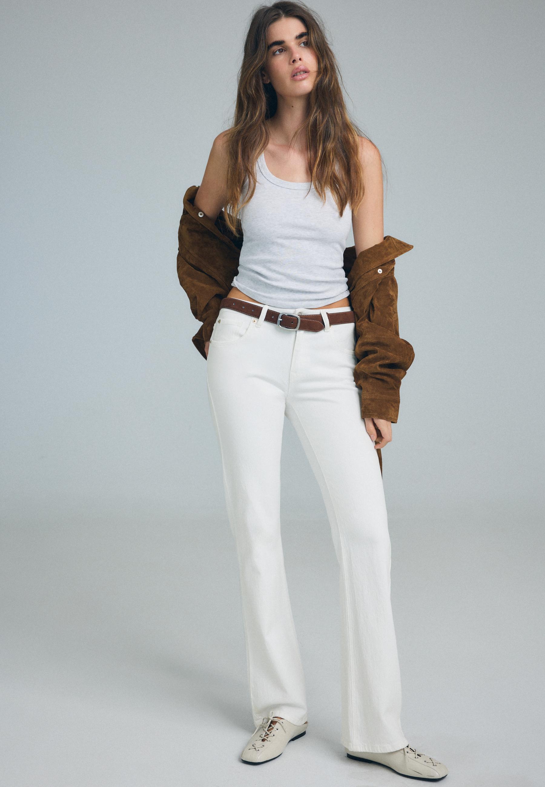 Stradivarius D68 Τζιν Παντελόνι Bootcut Με Ζώνη Λευκό 42