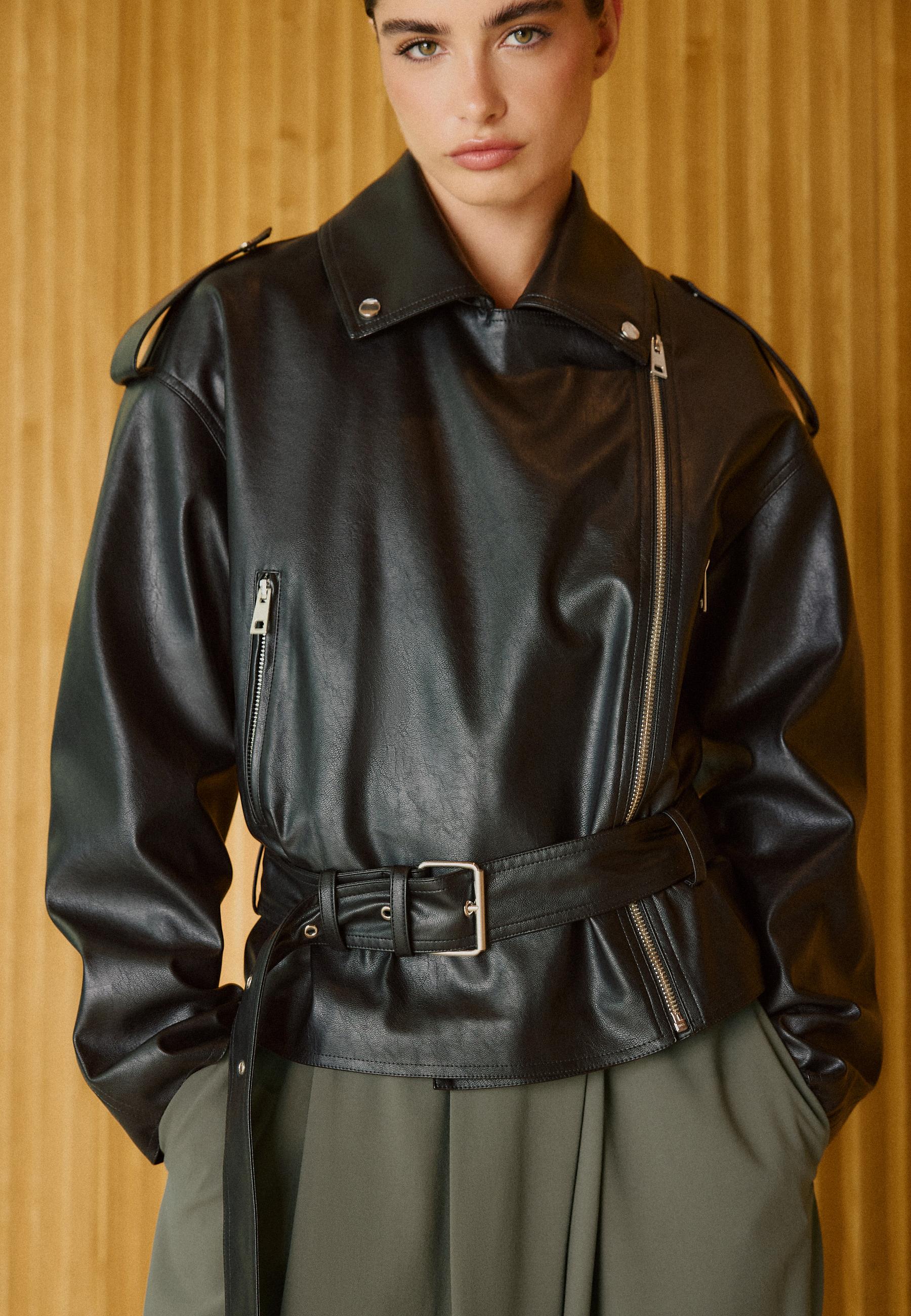 Leather effect biker jacket with belt — Black