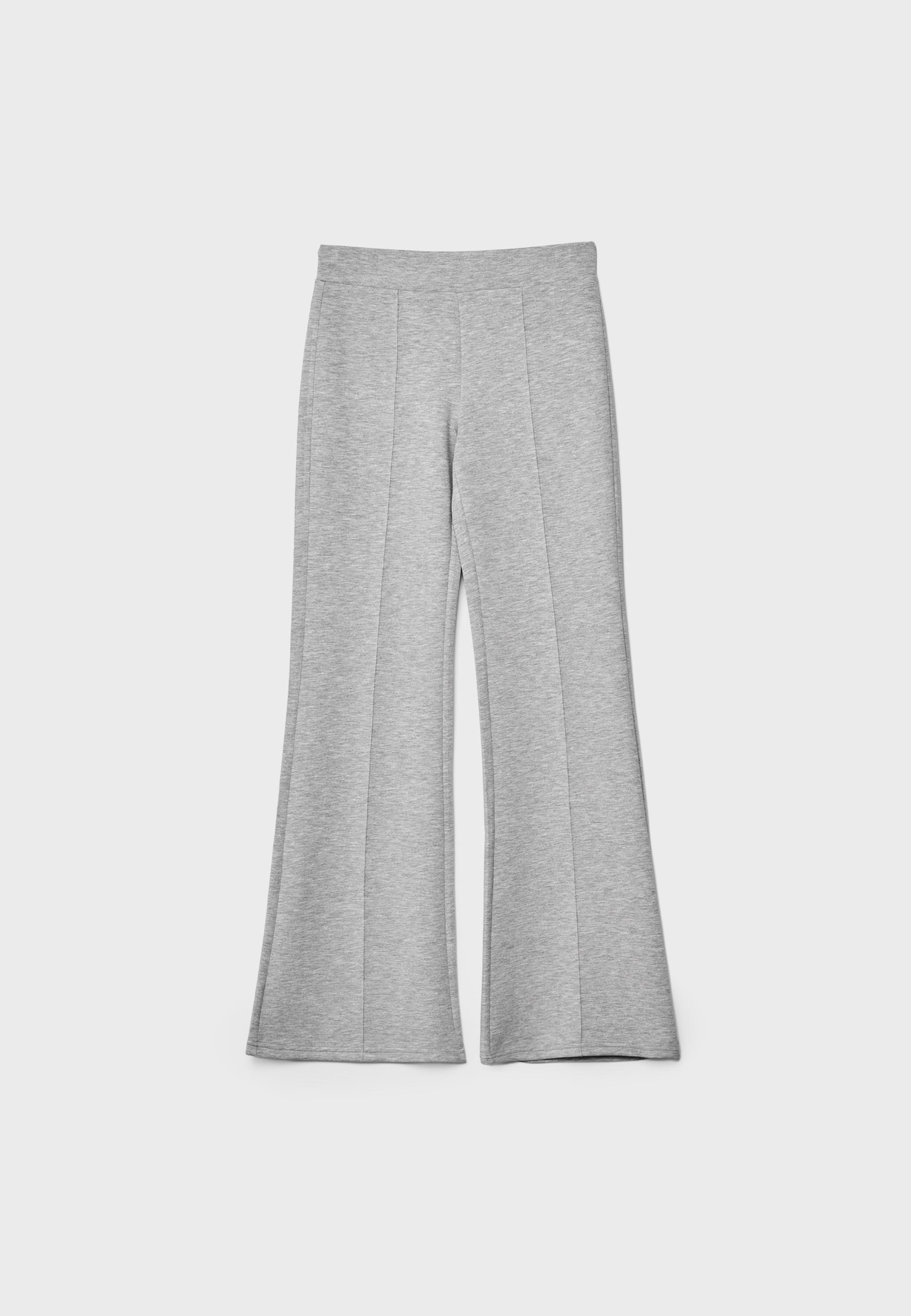 Soft-touch bell bottom trousers with front seam detail — Grey melange