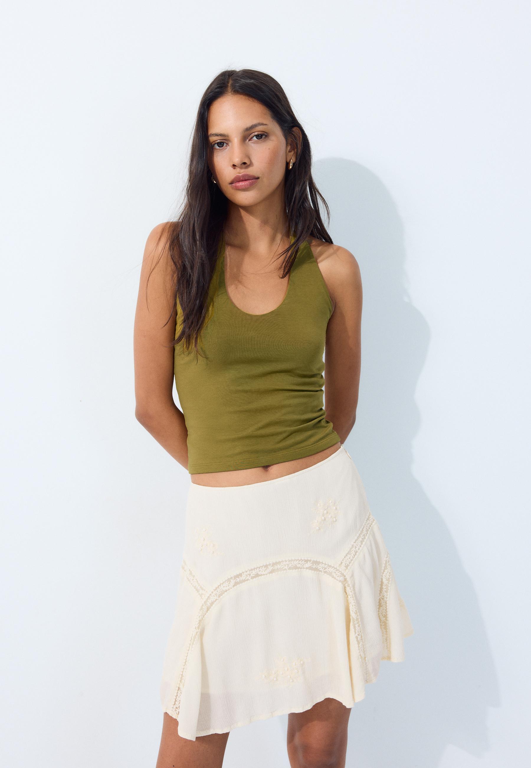 Embroidered godet mini skirt — Vanilla