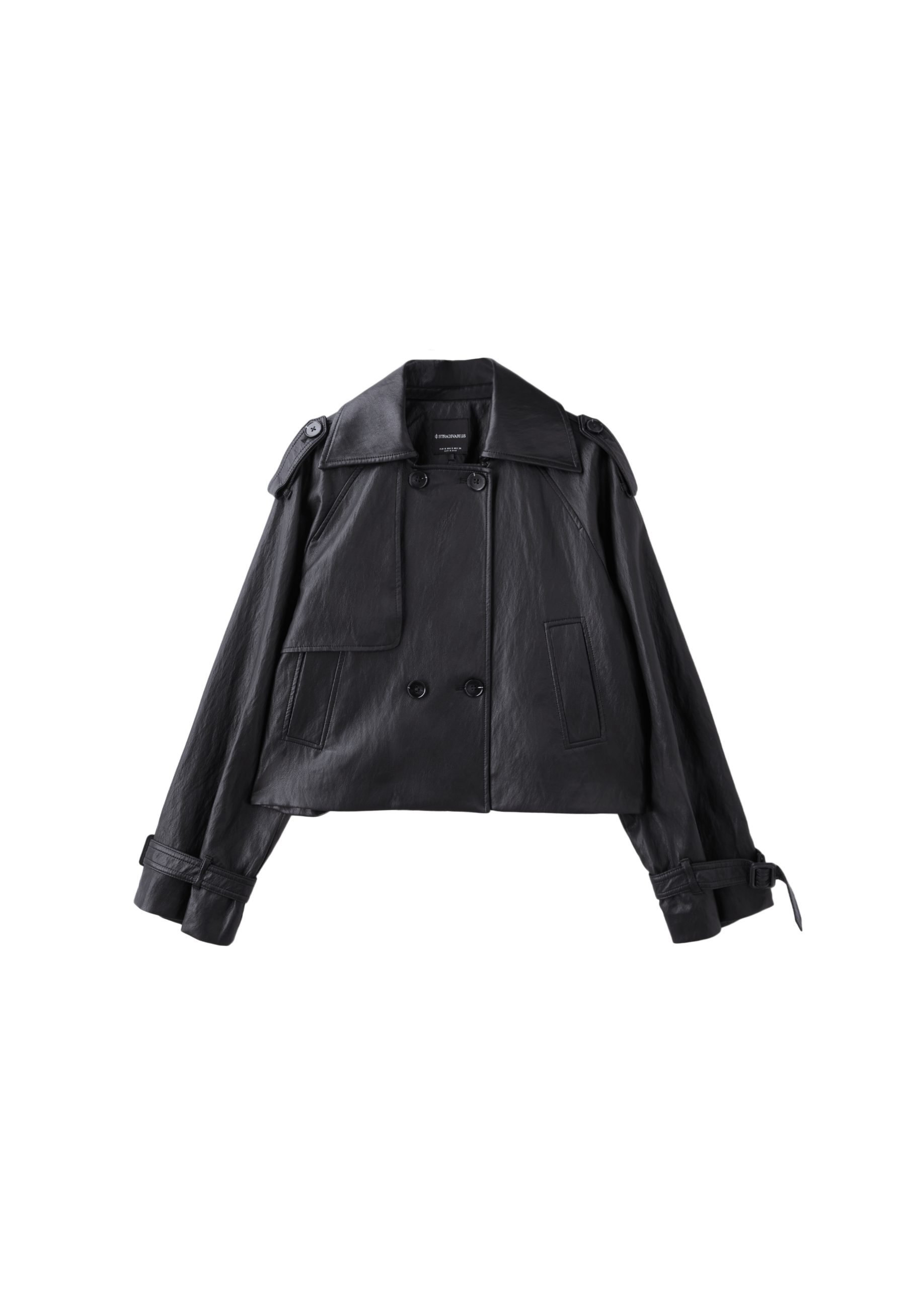 Leather-effect cropped trench coat — Black