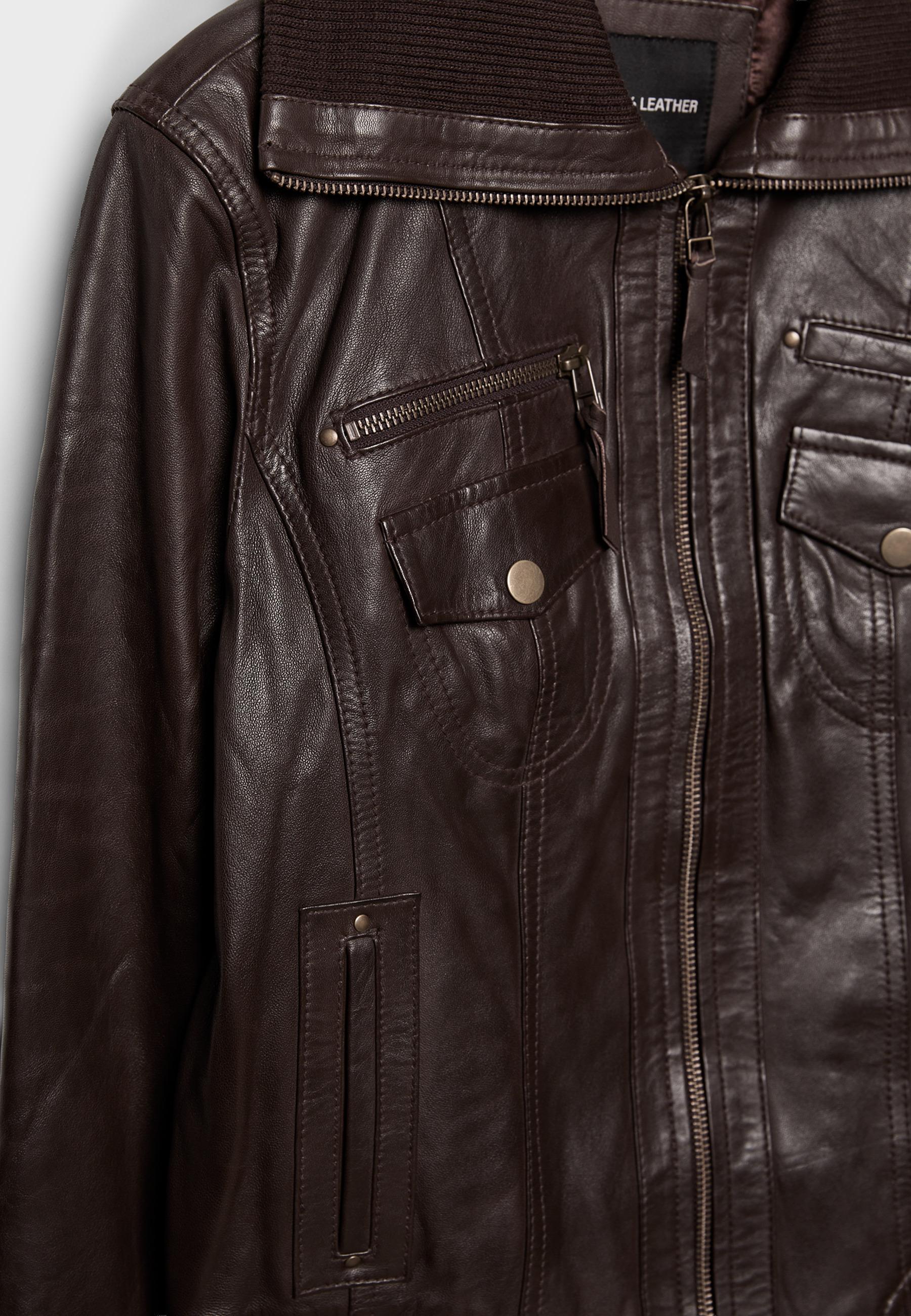 Ribbed Combined Leather Jacket — Brown