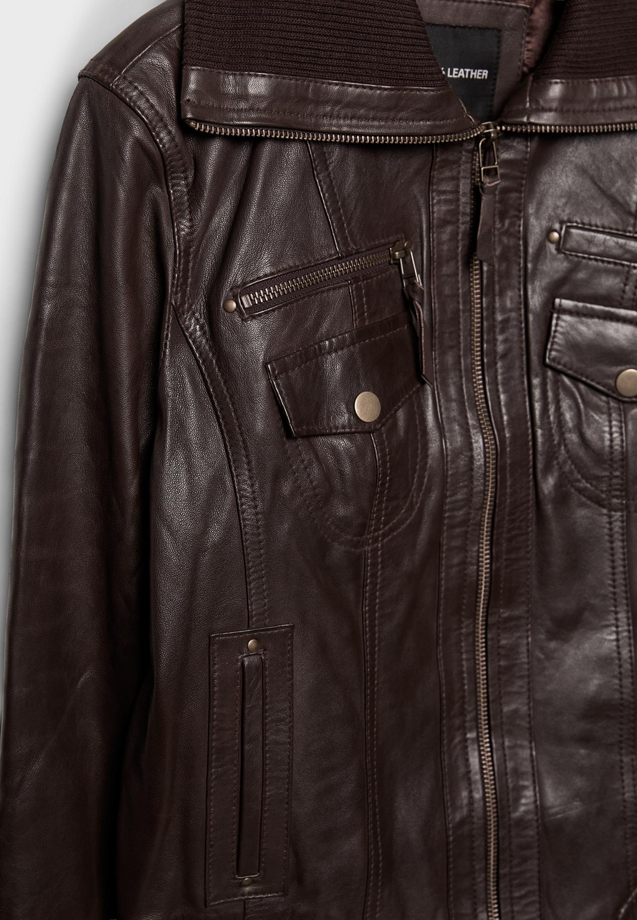 Leather jacket with ribbed trim — Brown
