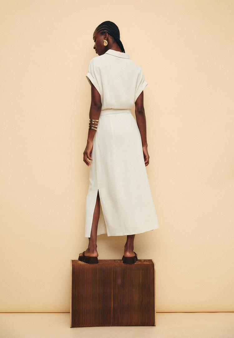 vestido midi camisero con lino
