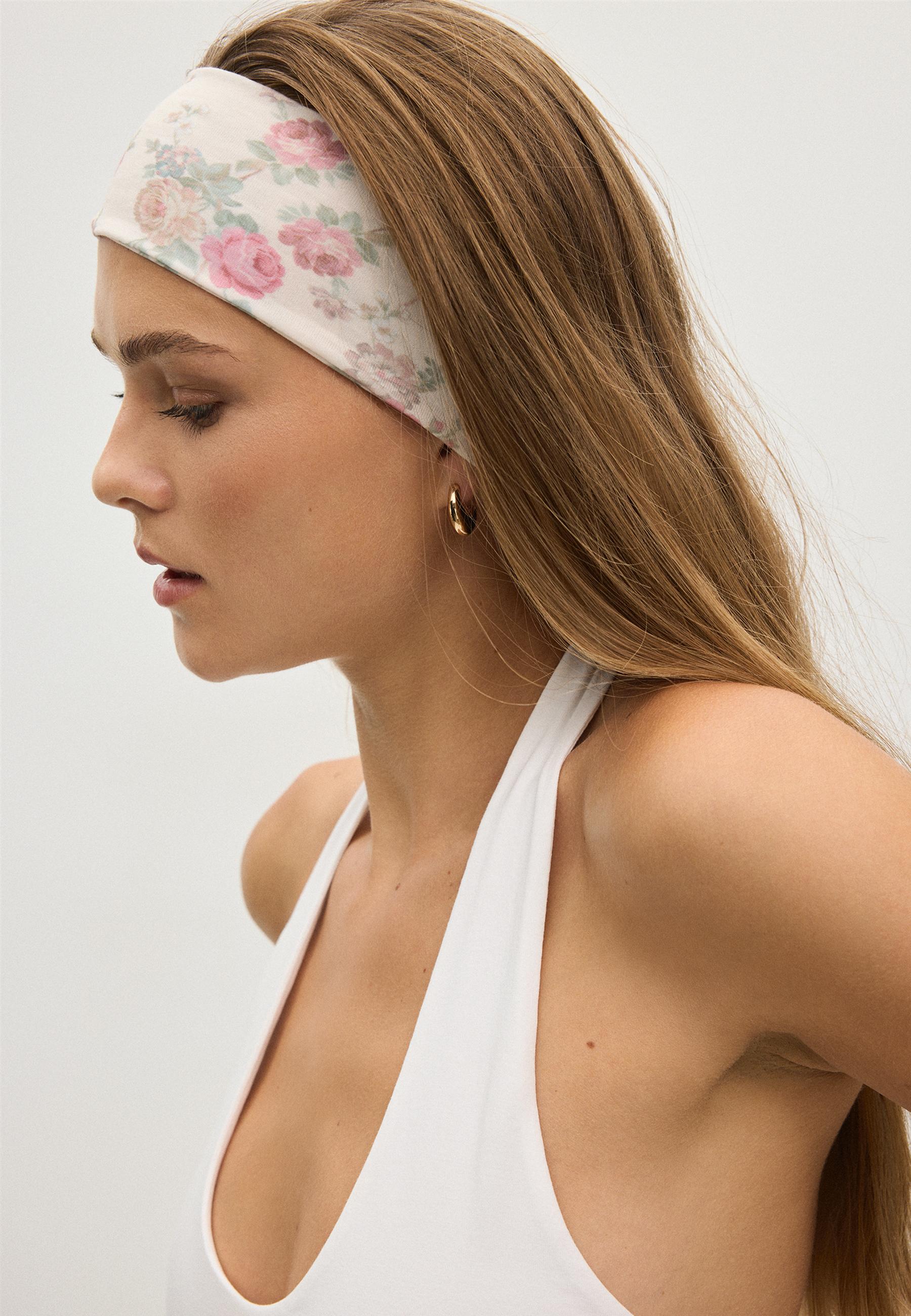 Set of 2 floral print elasticated hair bands — Ecru