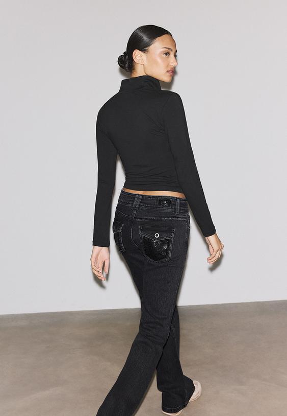 Stradivarius Low-Rise Sequin Jeans Black Denim Washed Effect 8