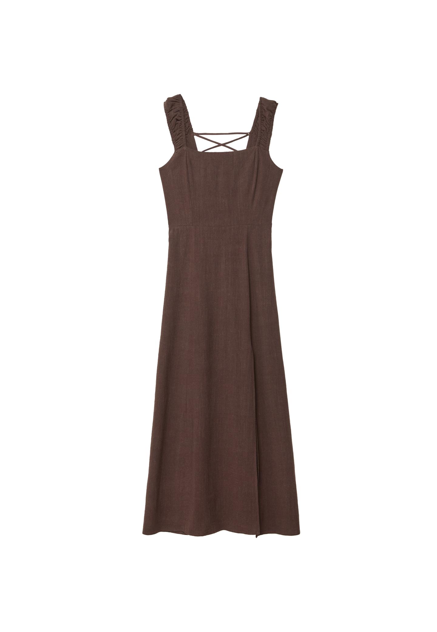 Keten görünümlü çapraz sırtlı midi elbise - Görsel 10