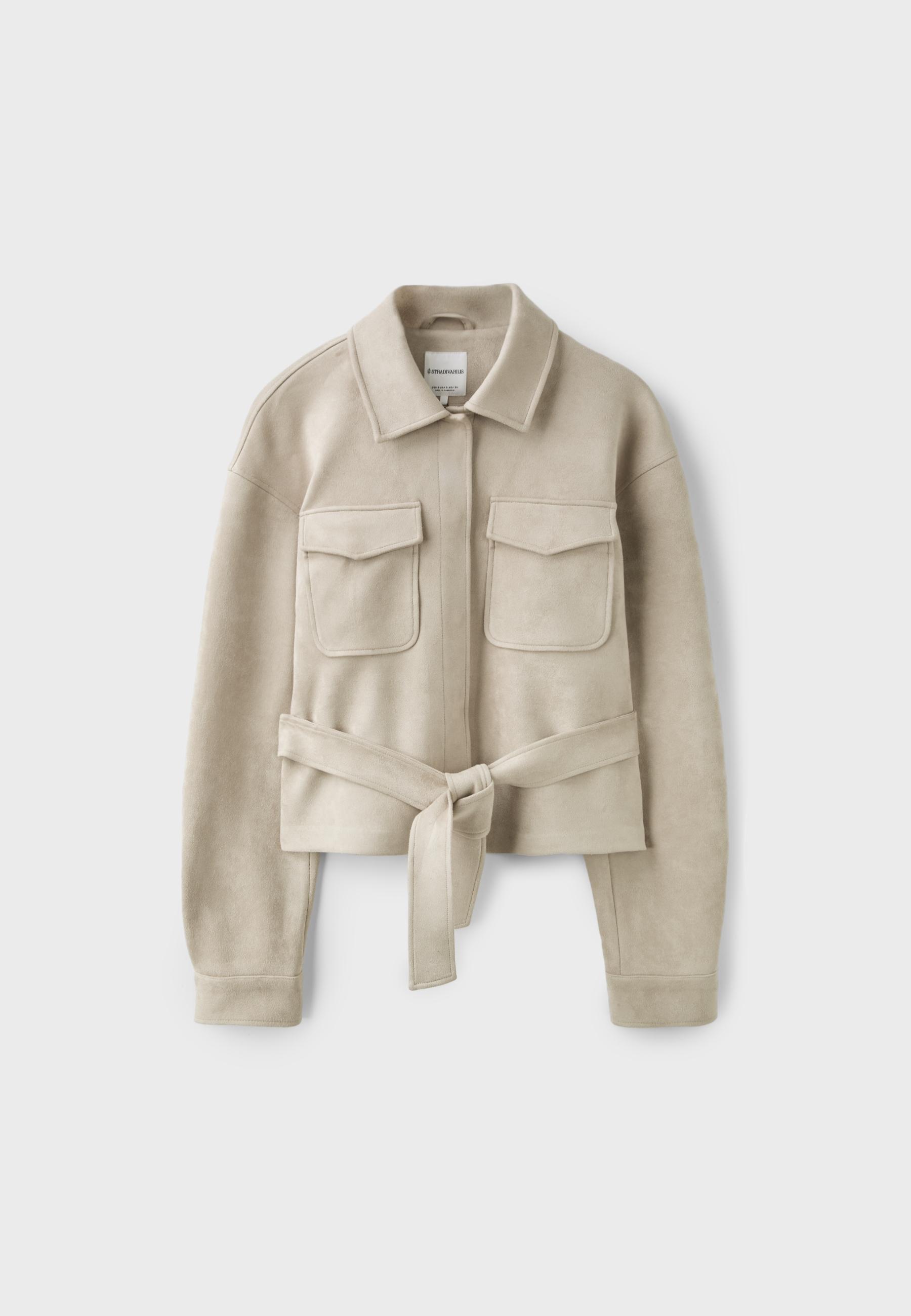 Cropped faux suede jacket — Ecru