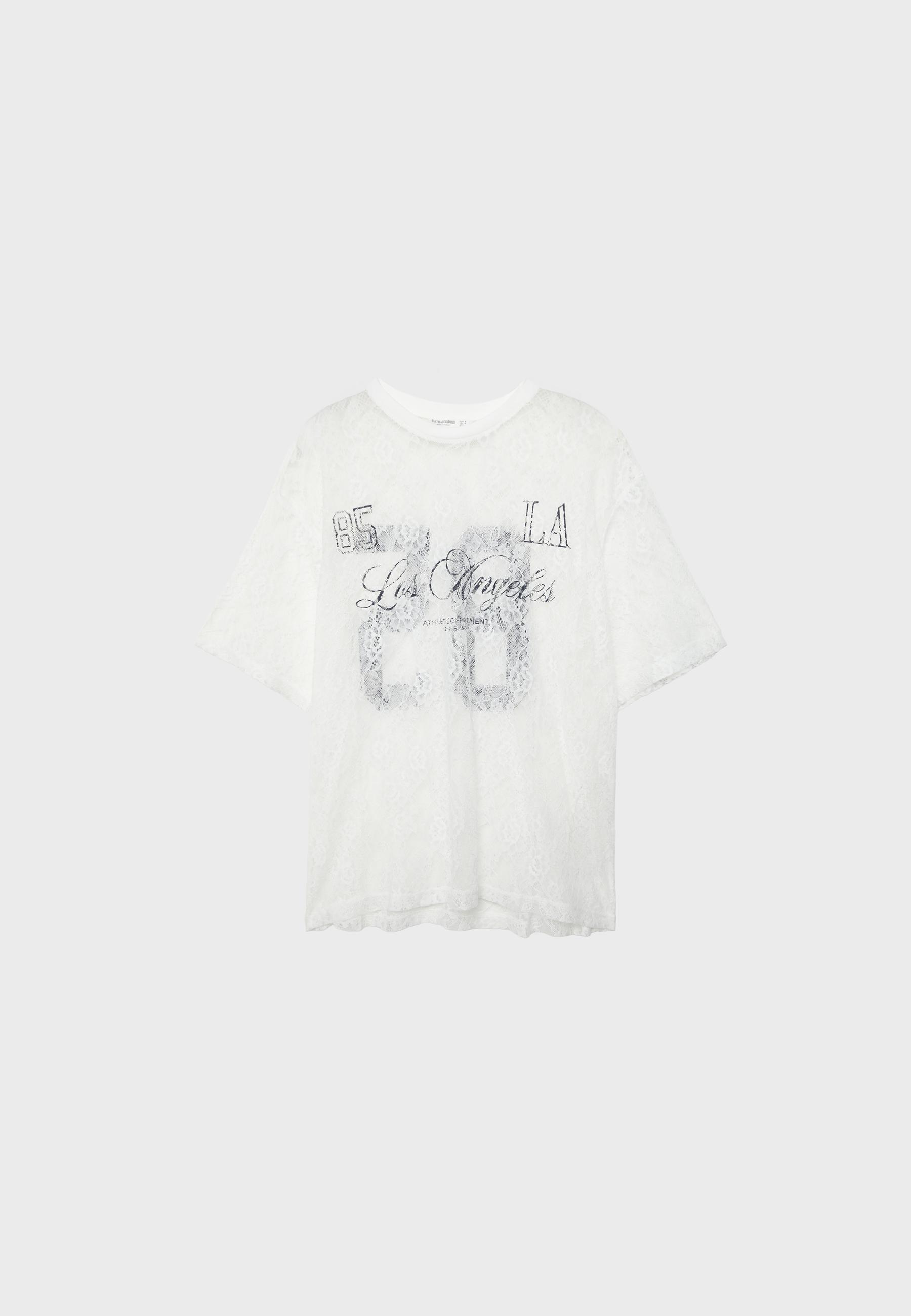 Oversize lace T-shirt with graphic detail — Ecru