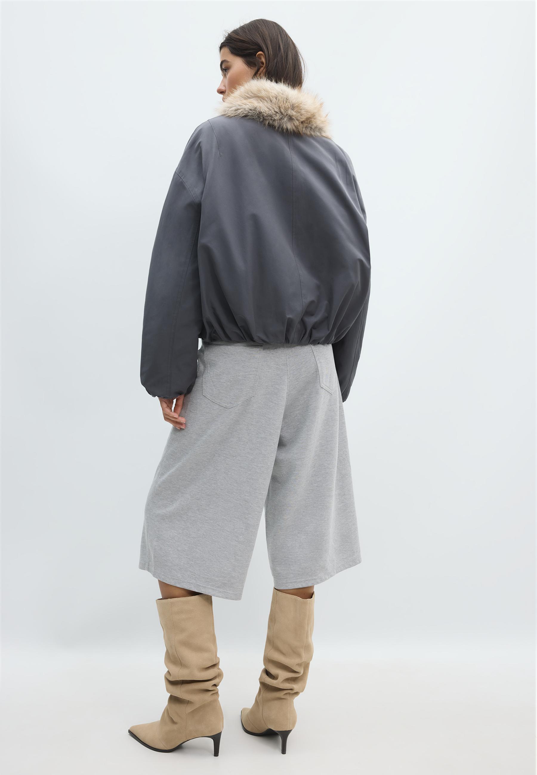 Puffer jacket with faux fur shawl collar — Dark grey