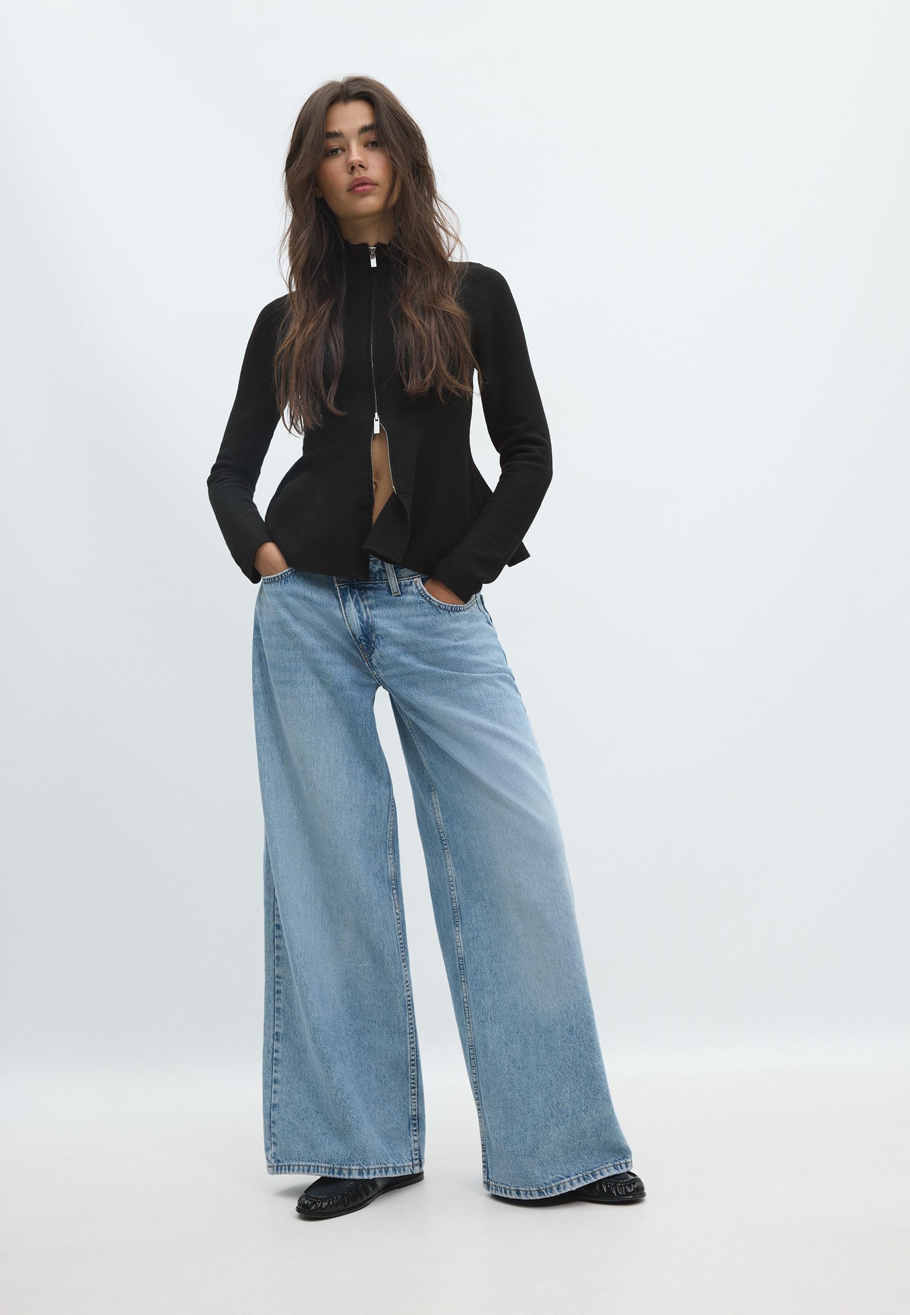 Stradivarius Πλεκτό Πουλόβερ Peplum Μαύρο L