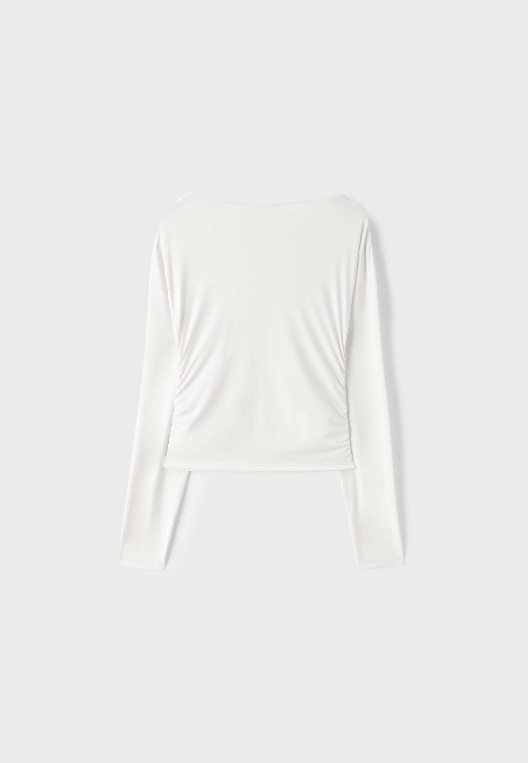 Long sleeve gathered polyamide T-shirt — Ecru