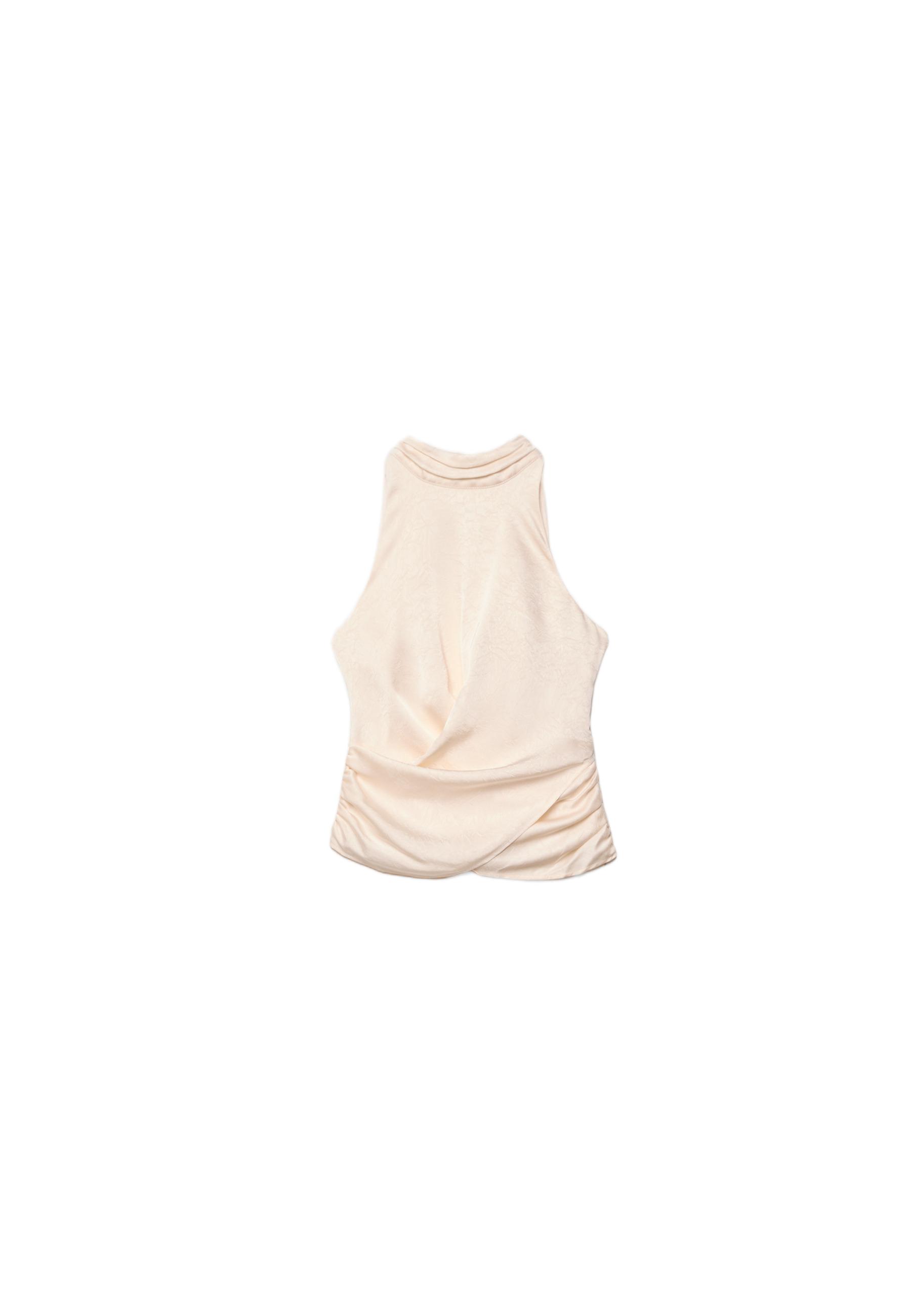 Satin halter neck top with ruching — Vanilla