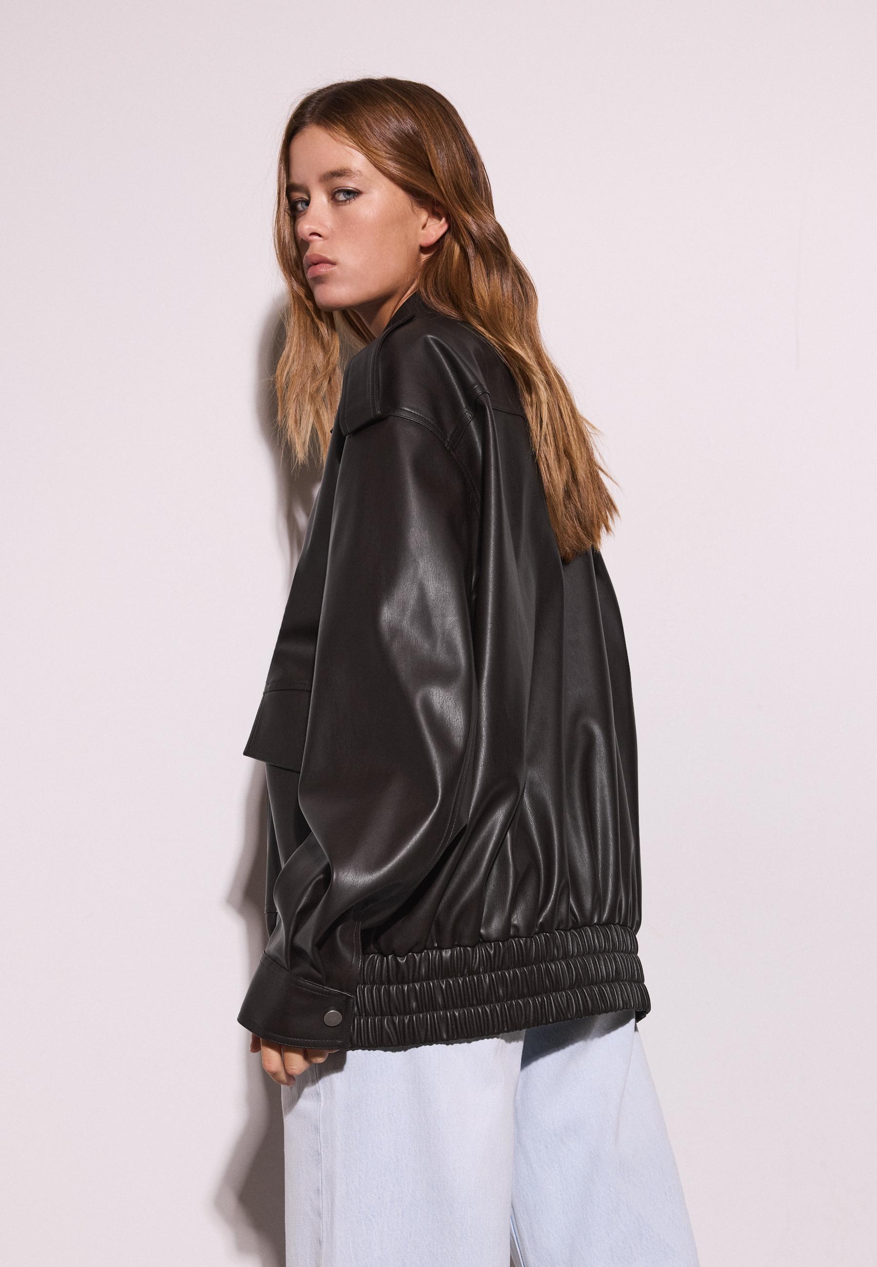Oversize leather effect biker jacket — Brown