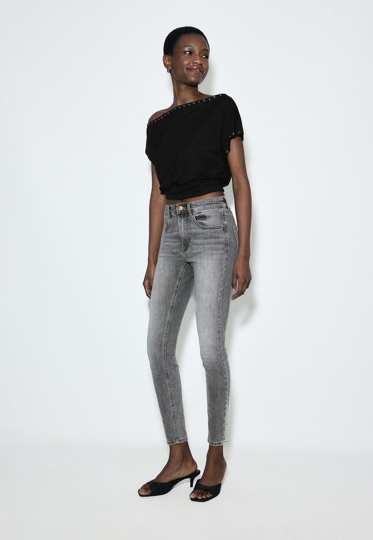 Stradivarius D07 Blugi Skinny Fit Regular Waist Efect Prespălat Gri Denim Culoare Închisă 36