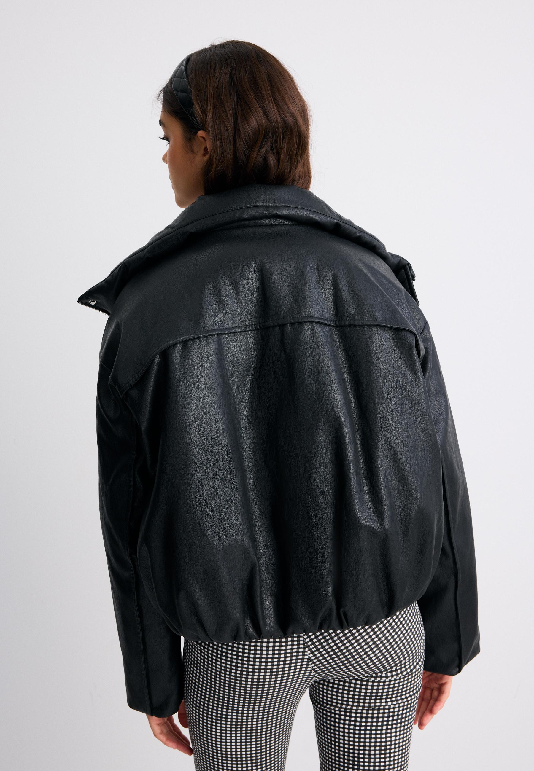 Leather effect high neck puffer jacket — Black