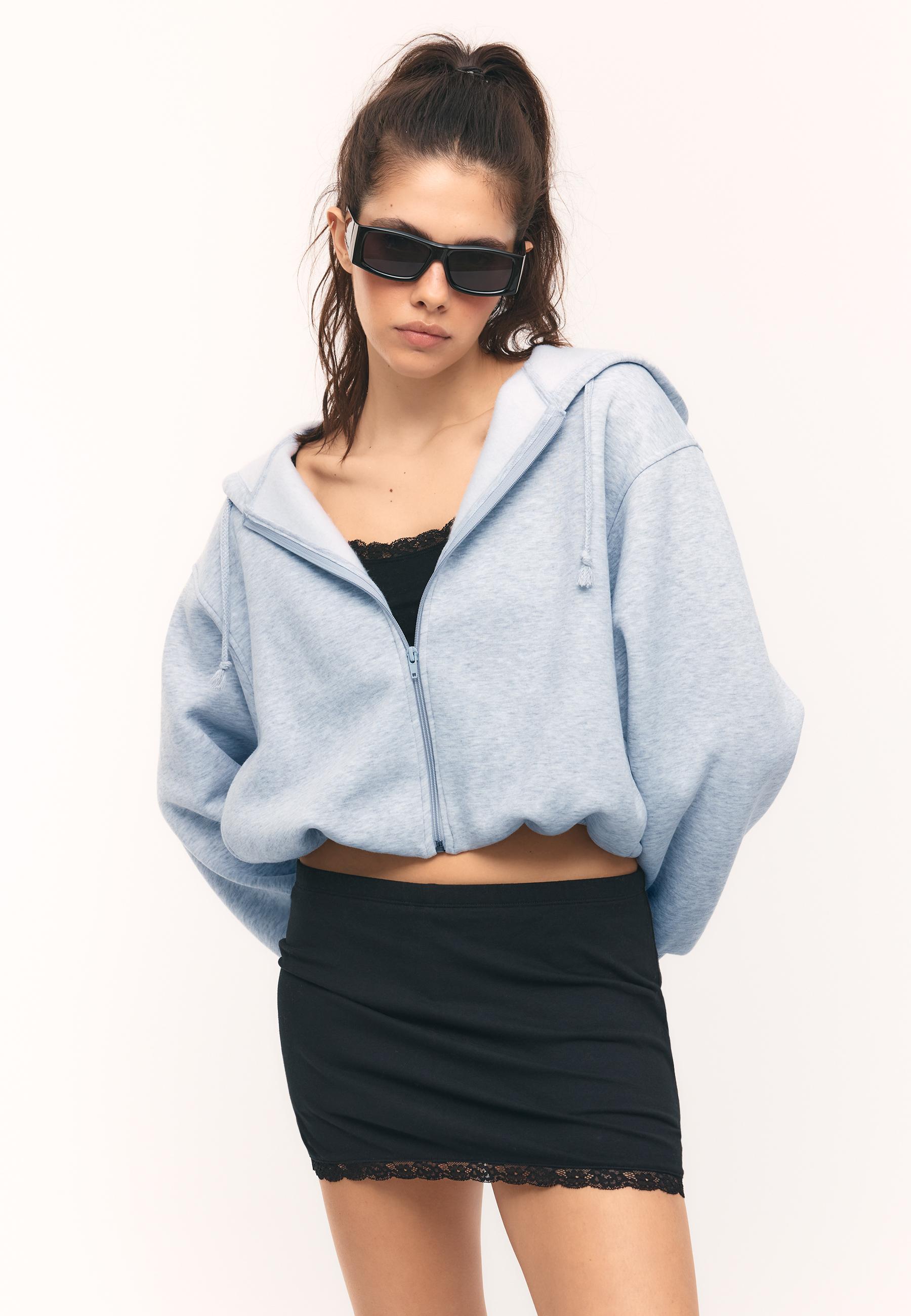 Printed Hooded Bomber Sweatshirt — Grey melange