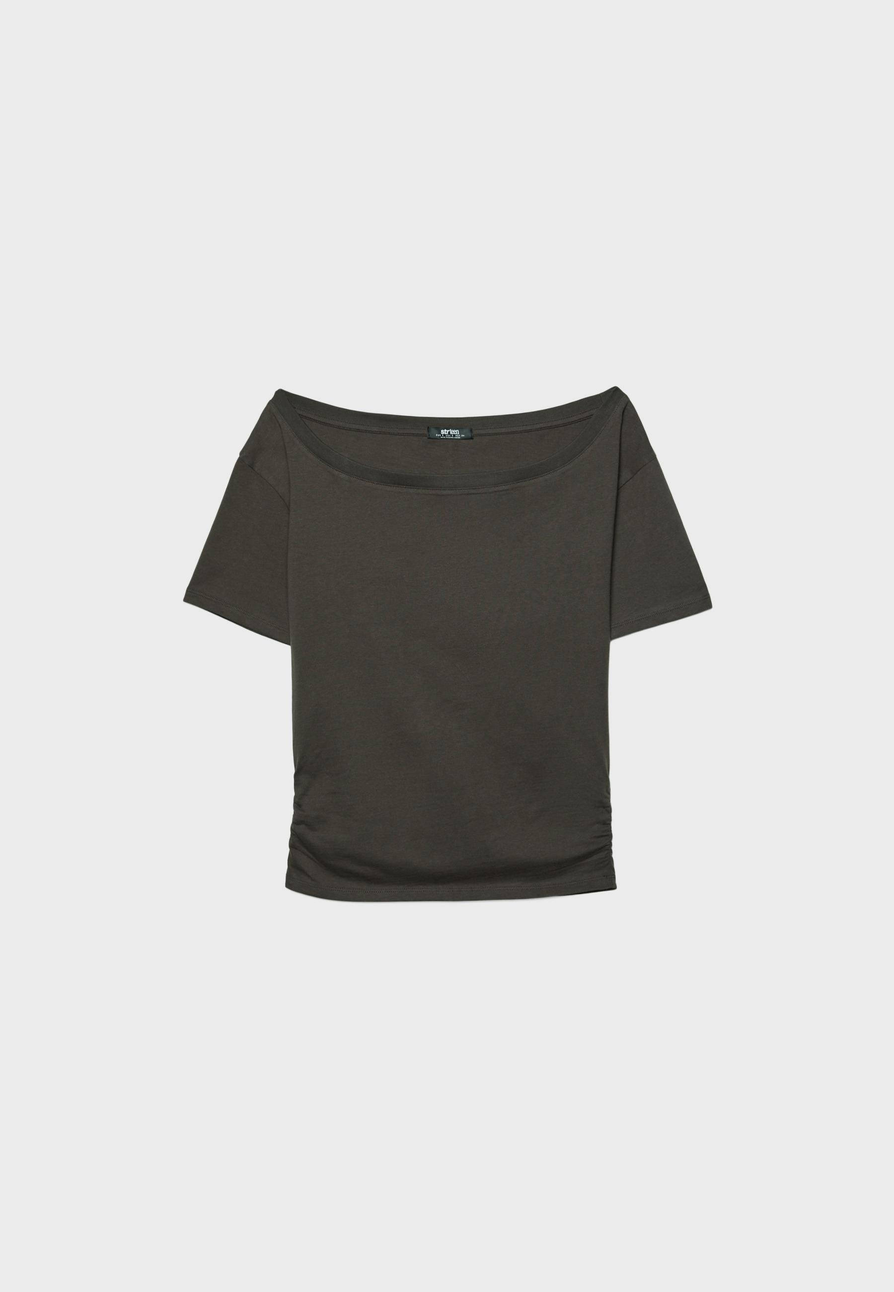 Short sleeve boat neck T-shirt with gathers — Brown