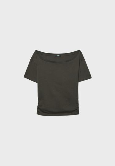 Short sleeve boat neck gathered top — Brown 6
