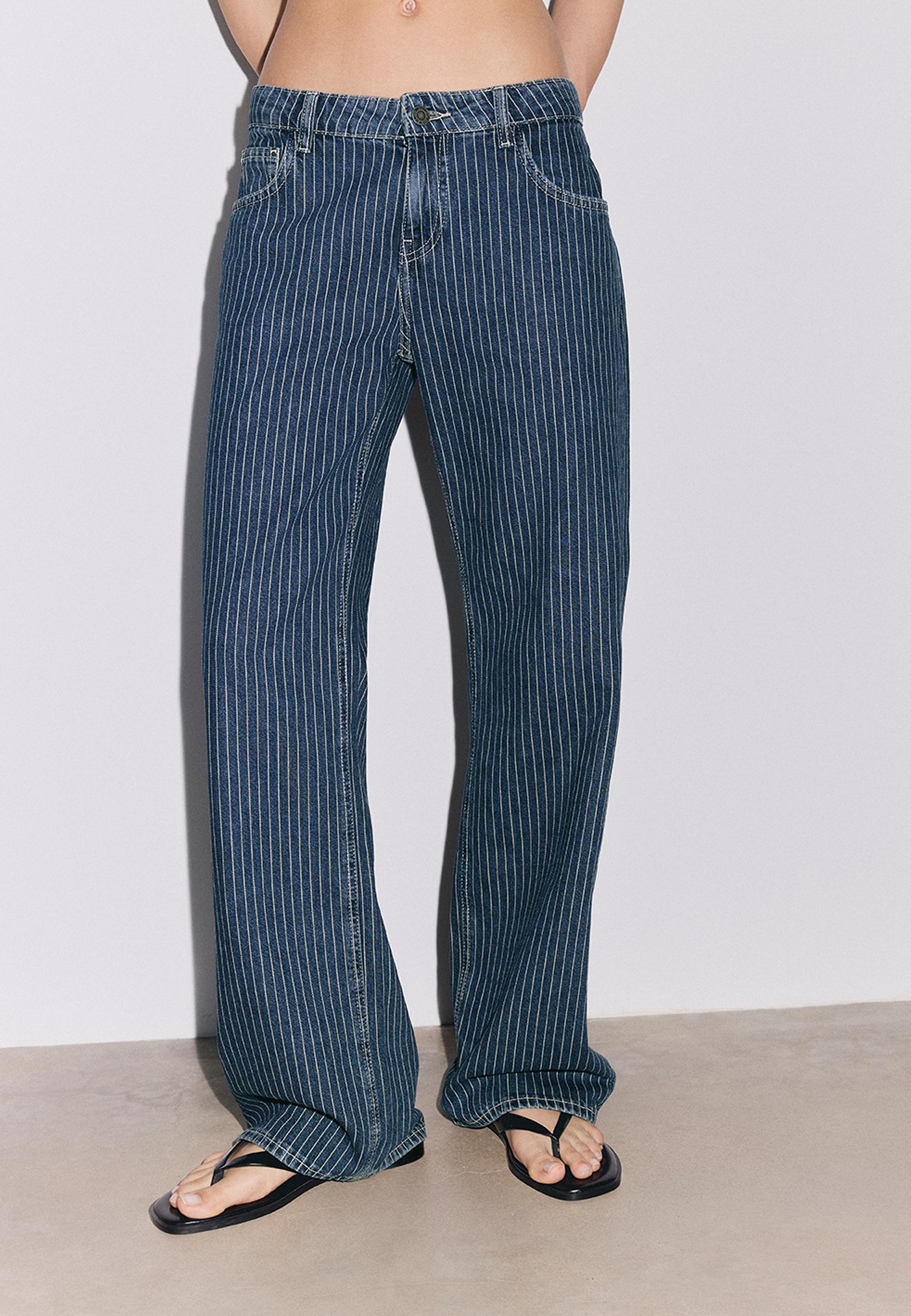 Çizgili orta bel baggy jean - Görsel 3