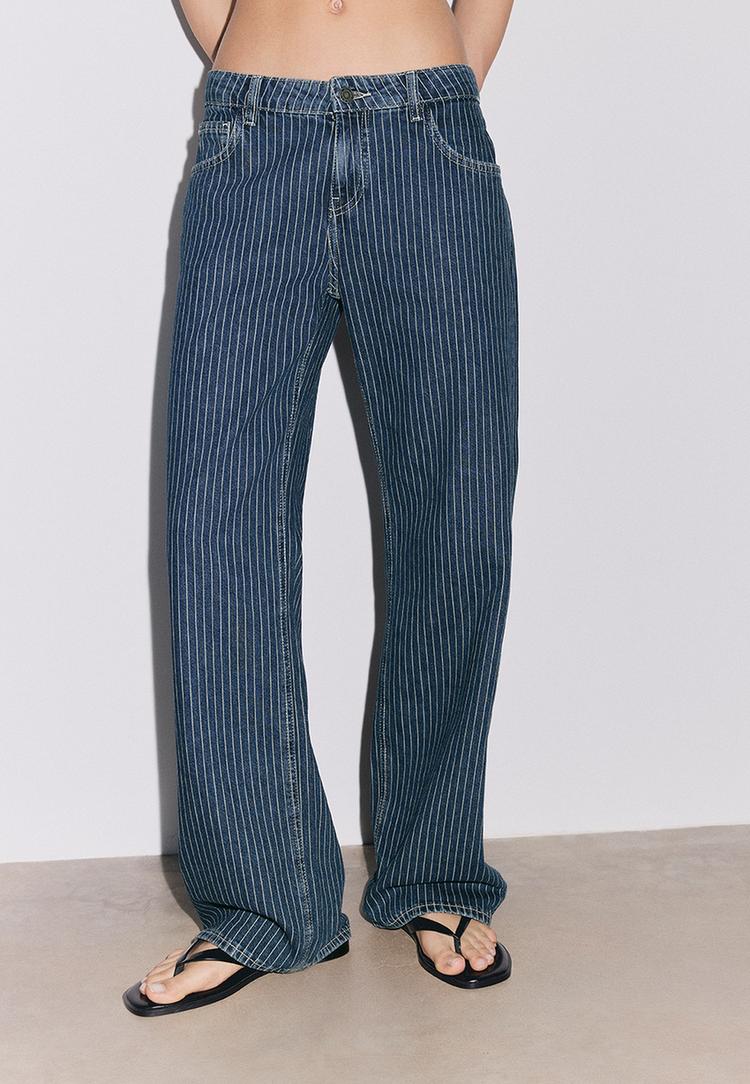 Stradivarius Jeans Baggy Κανονική Μέση Ριγέ Γαλάζιο 38