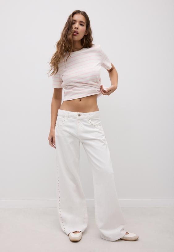 Stradivarius Basic Heavy Weight Striped Regular Fit T-Shirt Salmon Pink Xs