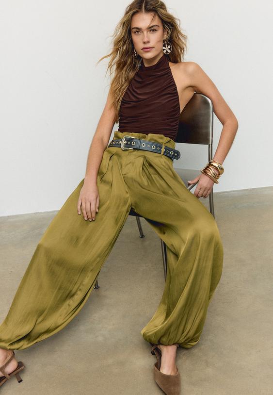 kemerli saten yuzeyli salvar pantolon