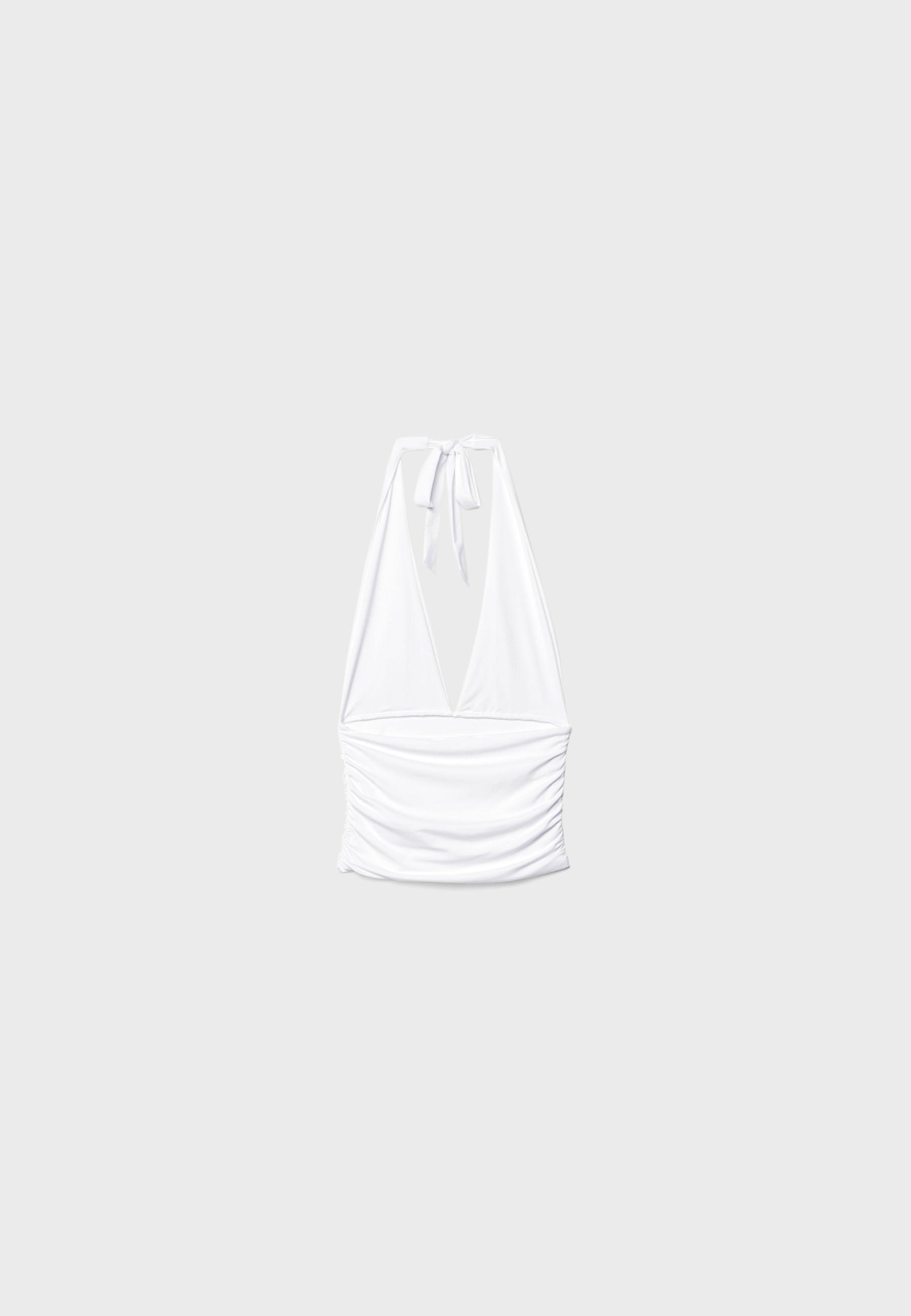 Ruched halter top with neck tie — Ecru