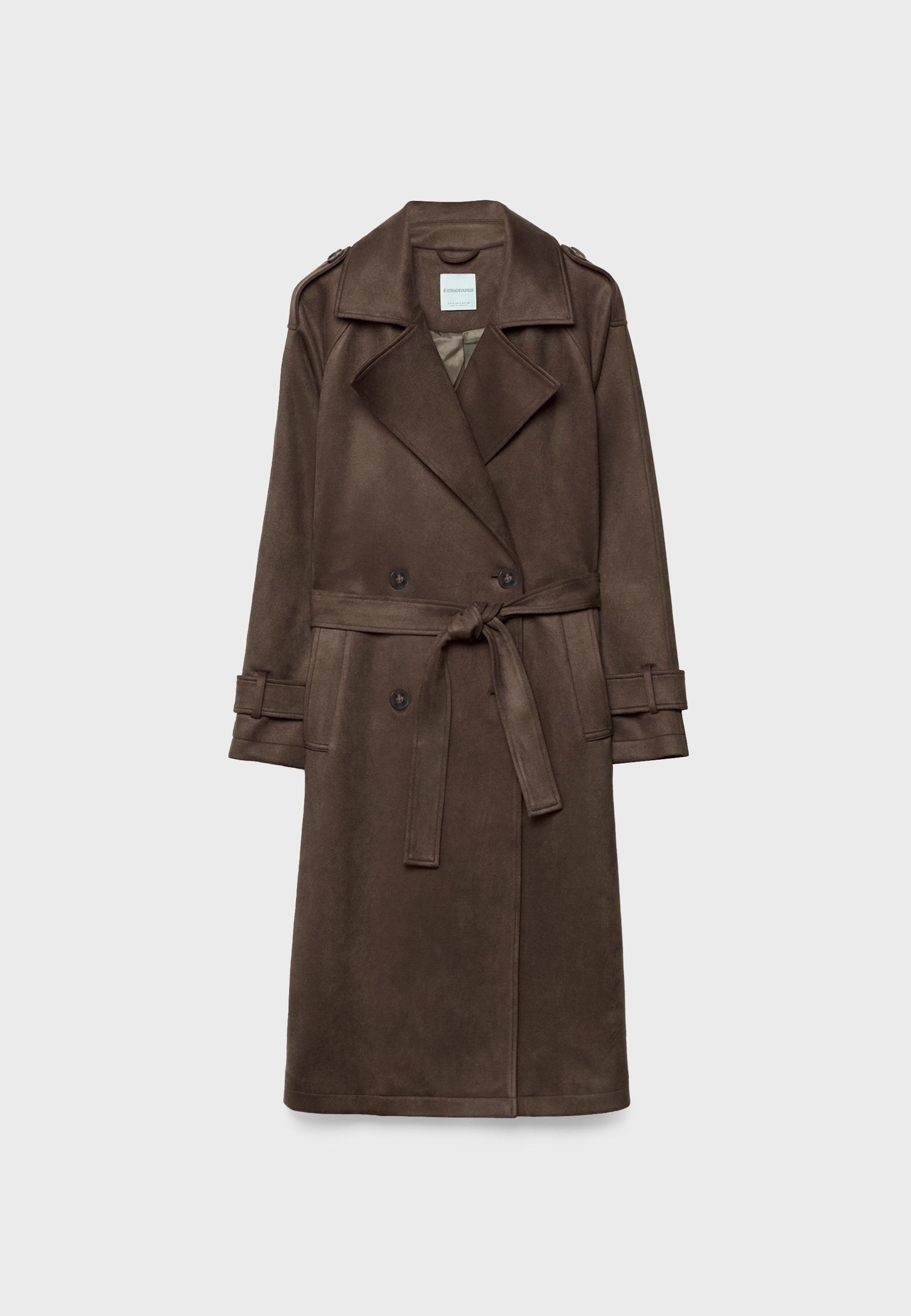Long faux suede trench coat — Brown