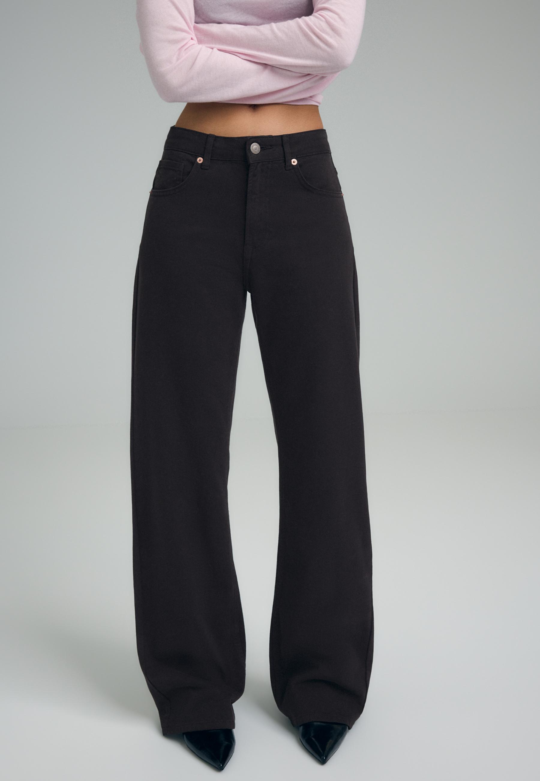 Stradivarius D92 Τζιν Παντελόνι Straight Wide Μαύρο 34