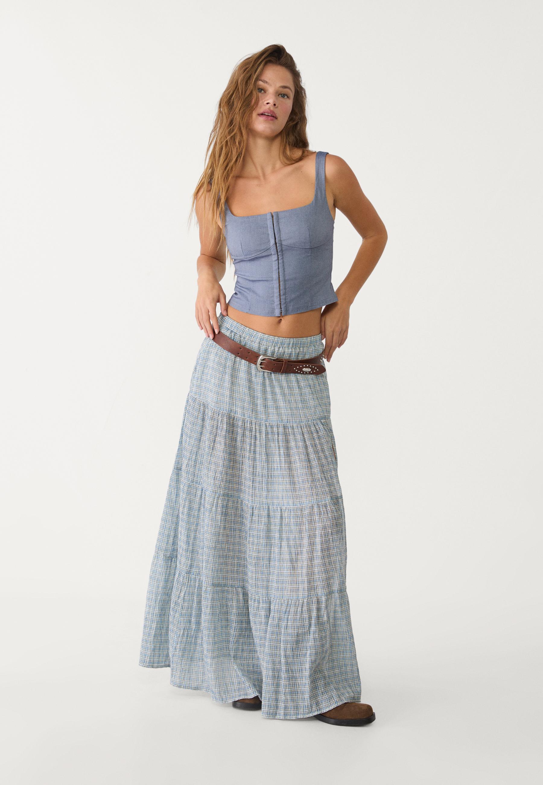 Long flowing check skirt with slit - Women's fashion