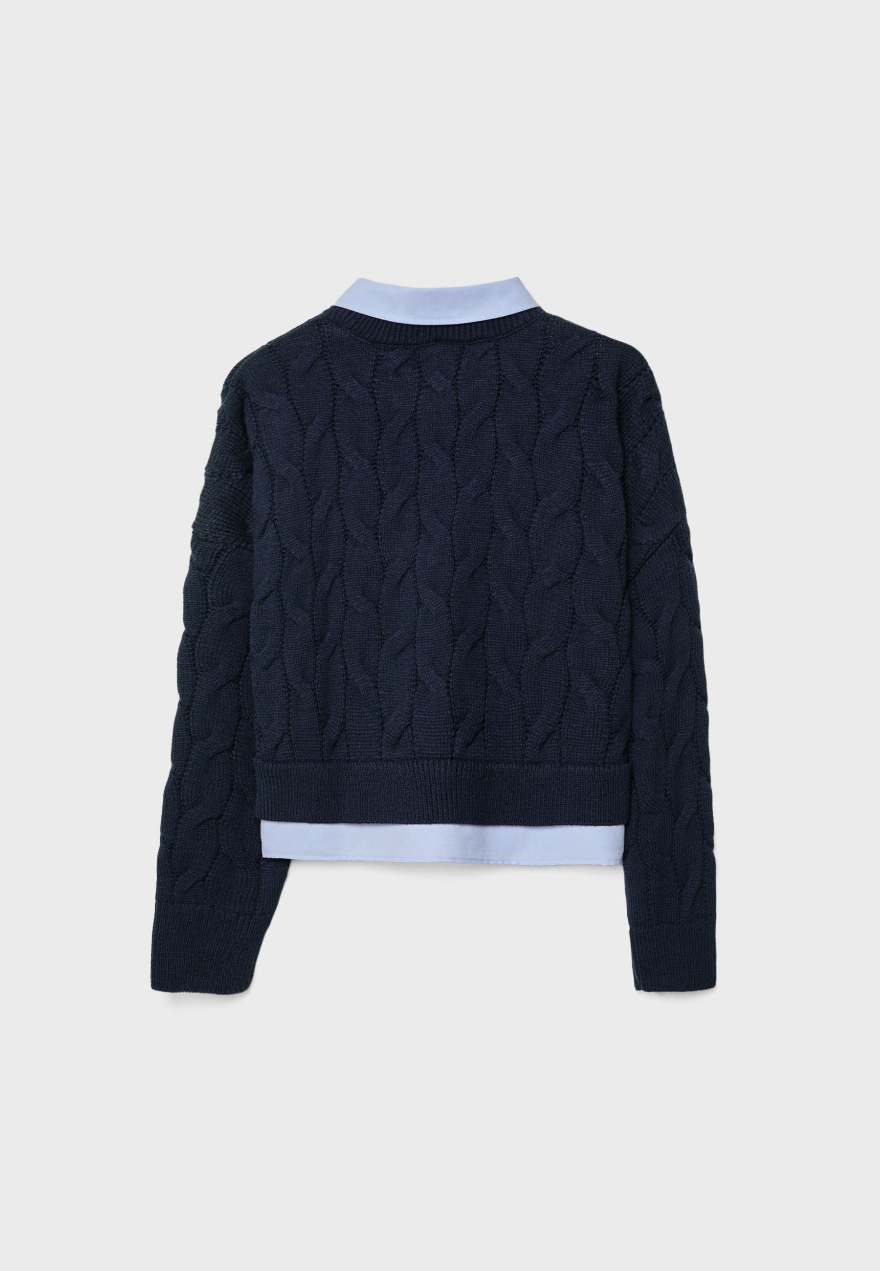 Two-fabric knit sweater with detachable collar — Navy blue