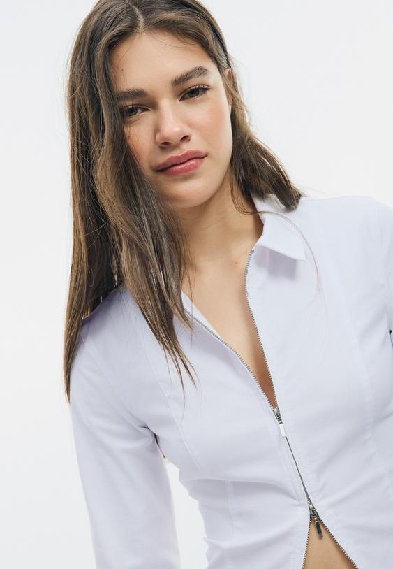 Stradivarius Fitted Double Zip Bengaline Shirt White M
