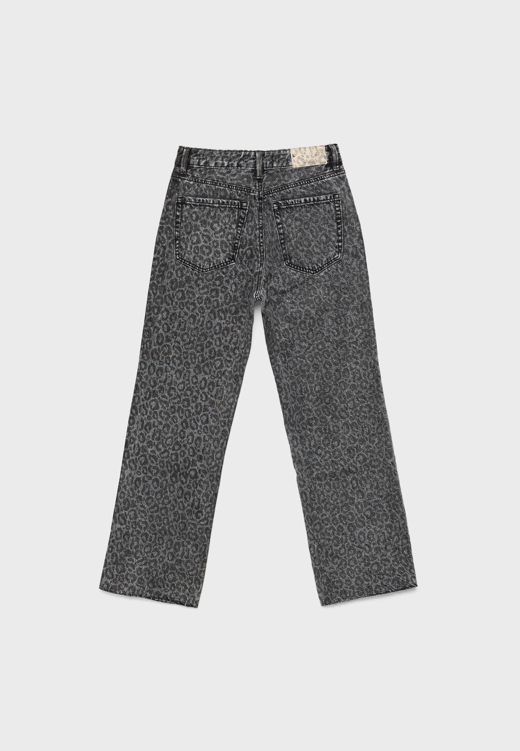 Straight wide-leg leopard print jeans — BLACK DENIM WASHED EFFECT