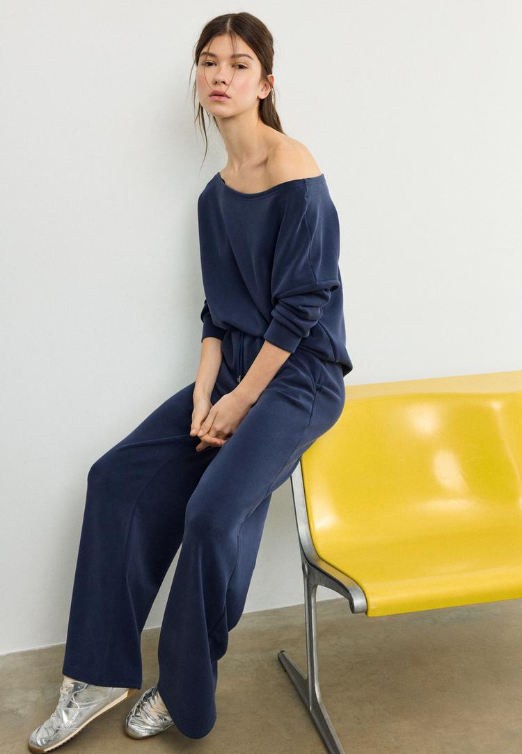 Stradivarius Παντελόνι Jogger Palazzo Απαλής Υφής Σκούρο Μπλε Xl