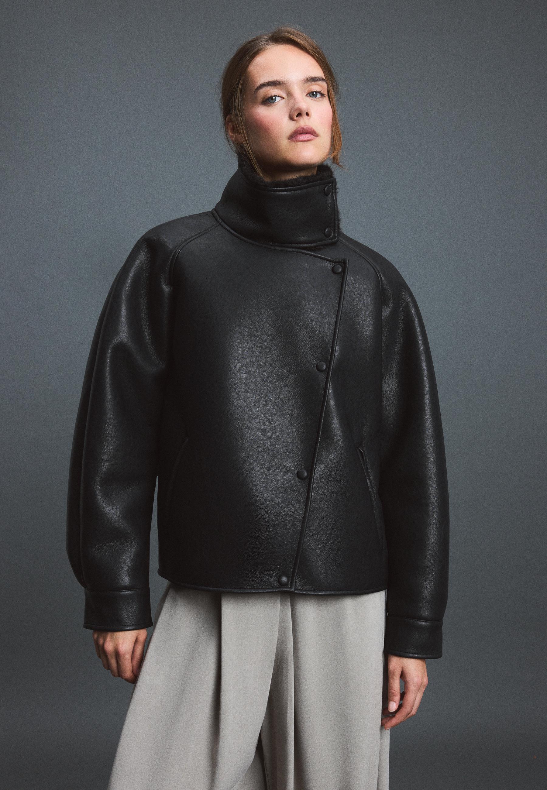 Leather effect double-faced high neck jacket — Black