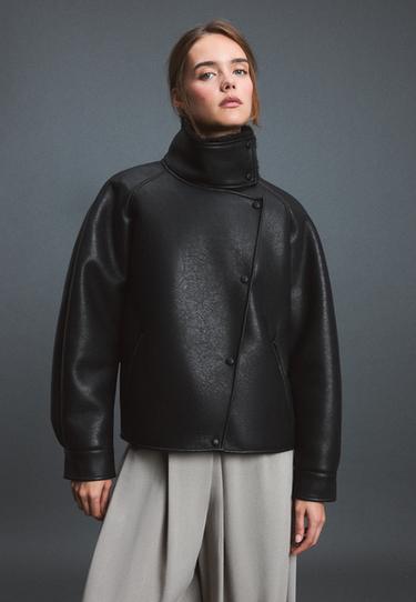 Double-sided leather effect high neck jacket — Black 3