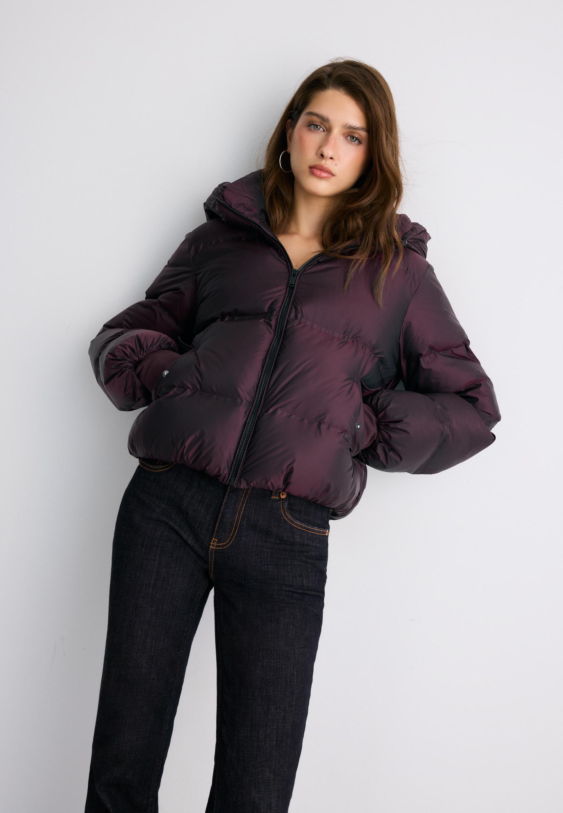 Hooded shiny padded jacket — Dark purple