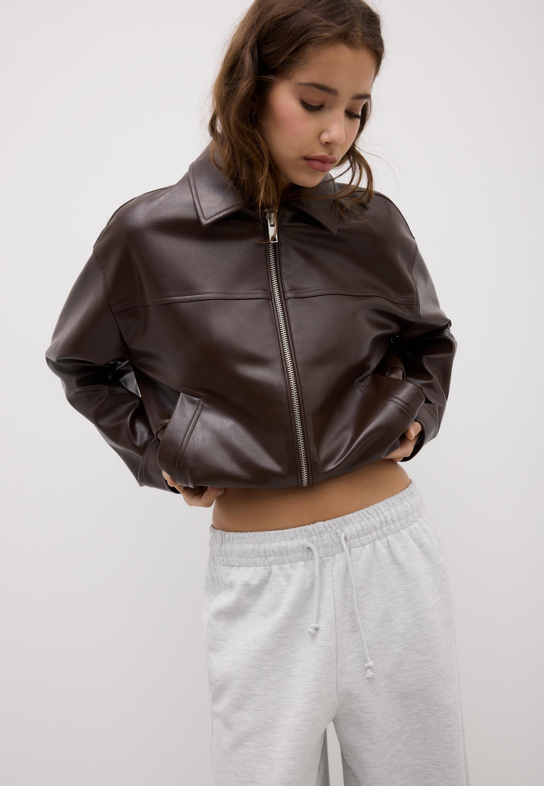 Oversize leather effect jacket — Brown