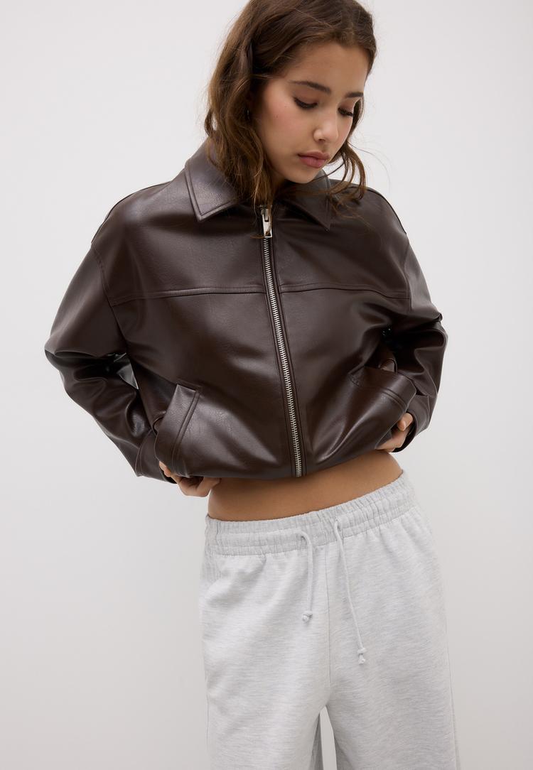 Stradivarius Oversize Τζάκετ Με Όψη Δέρματος Καφέ Xl φωτογραφία