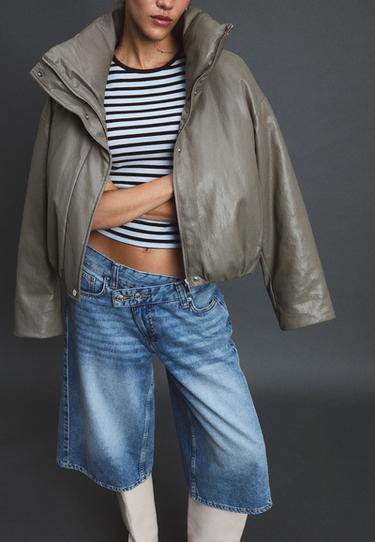 Leather effect high neck puffer jacket — Grey 6